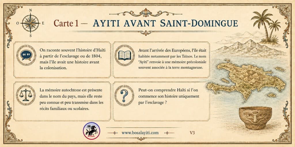 Verso de la carte 1 présentant une situation, un repère historique, une tension et une question sur l’histoire précoloniale d’Haïti.
