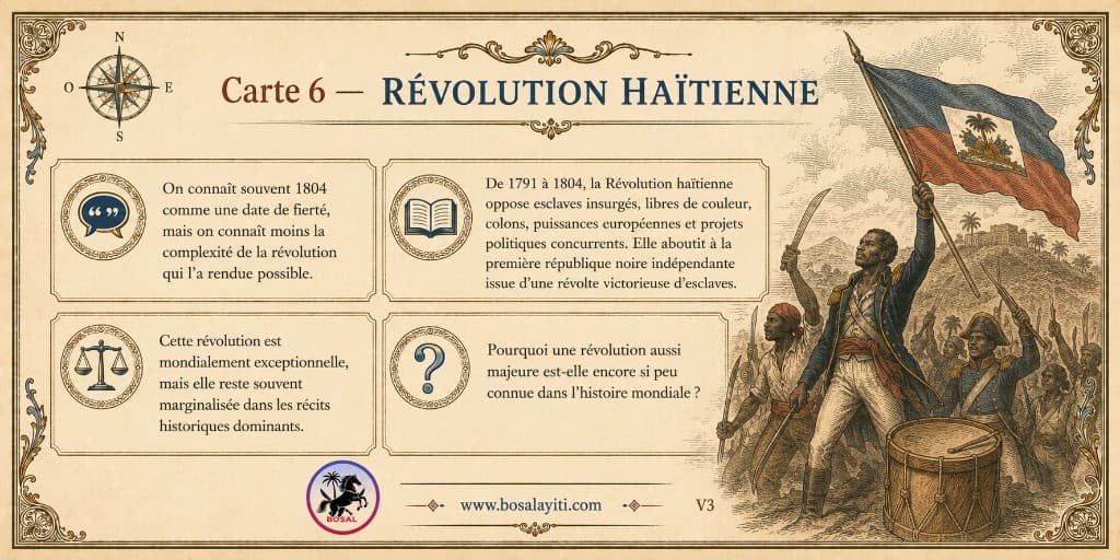 Verso de la carte 6 présentant une situation, une information, une tension et une question sur la Révolution haïtienne.