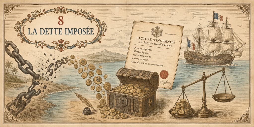 Recto de la carte 8 de la Fresque de la Diaspora Haïtienne, intitulée La dette imposée.
