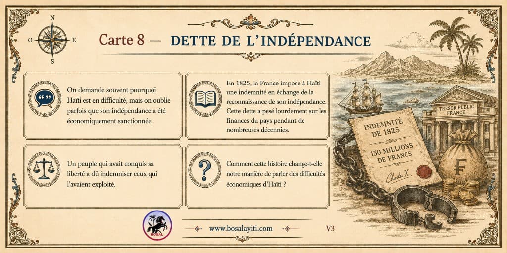 Verso de la carte 8 présentant une situation, une information, une tension et une question sur la dette d’indépendance.
