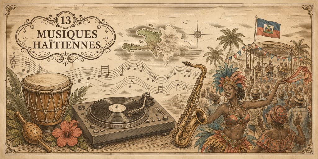 Recto de la carte 13 de la Fresque de la Diaspora Haïtienne, intitulée Musiques haïtiennes.