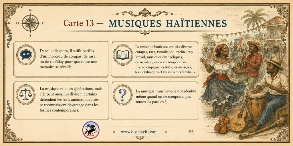 Verso de la carte 13 présentant une situation, une information, une tension et une question sur les musiques haïtiennes.