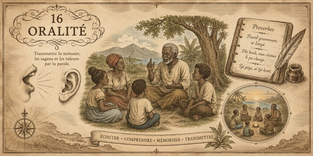 Recto de la carte 16 de la Fresque de la Diaspora Haïtienne, intitulée Oralité.