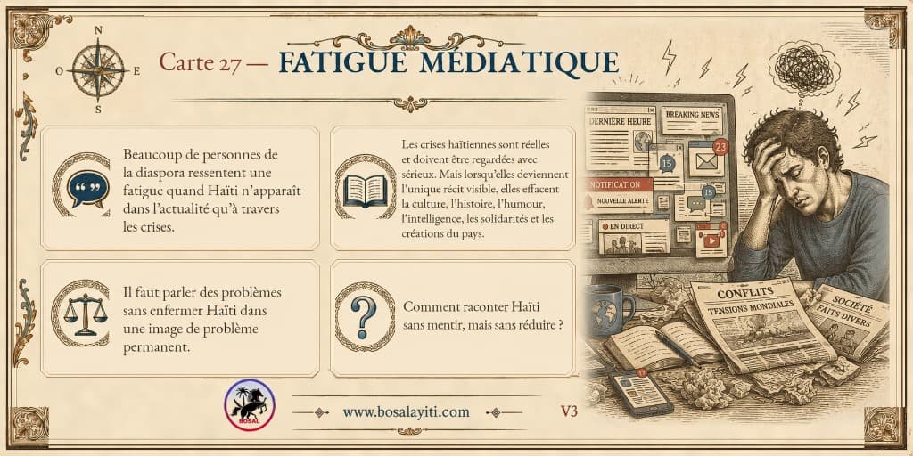 Verso de la carte 27 présentant une situation, une information, une tension et une question sur la fatigue médiatique.