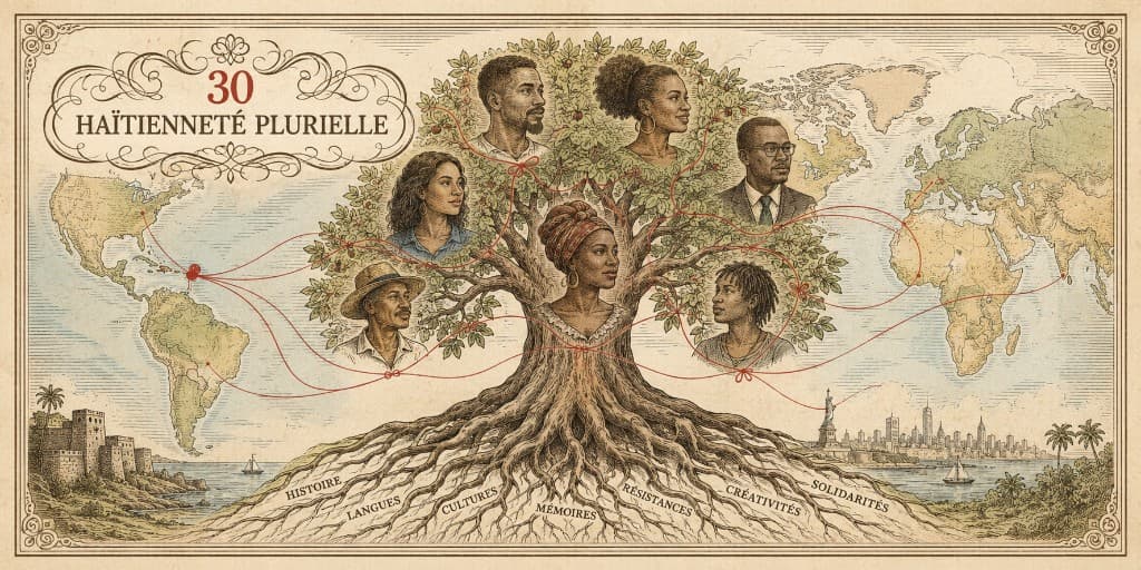 Recto de la carte 30 de la Fresque de la Diaspora Haïtienne, intitulée Haïtienneté plurielle.