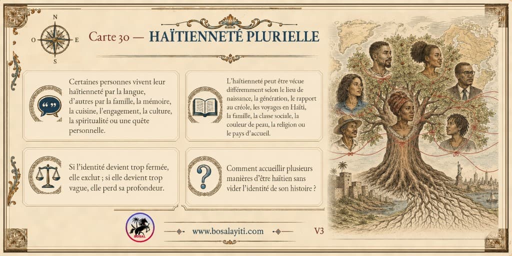 Verso de la carte 30 présentant une situation, une information, une tension et une question sur l’haïtienneté plurielle.