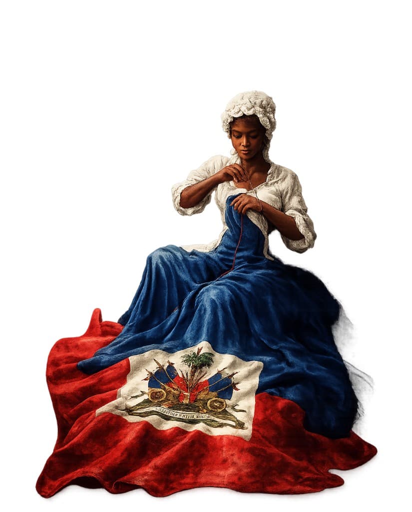 Représentation artistique contemporaine de Catherine Flon, cousant le drapeau haïtien.